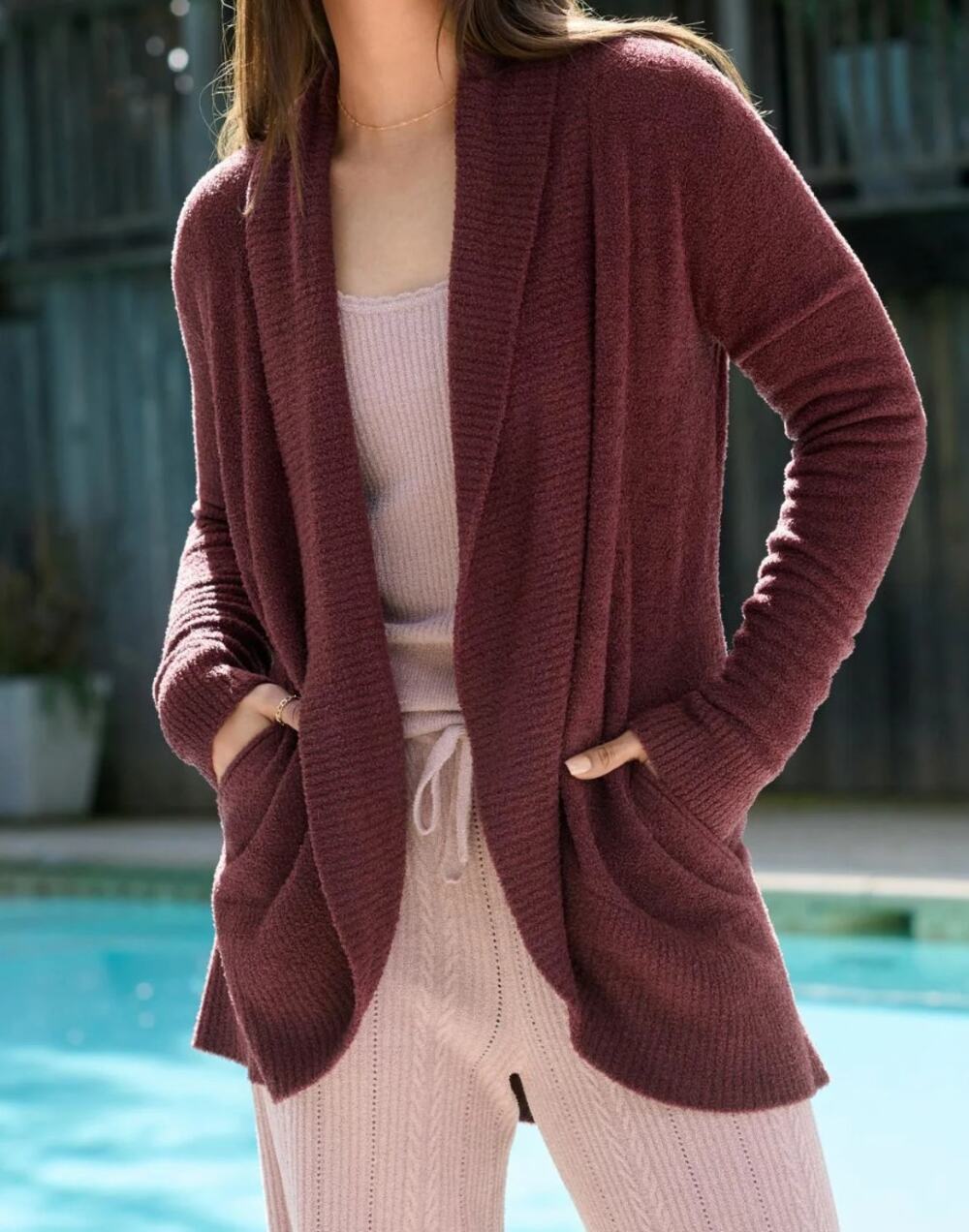 Barefoot Dreams NWOT CozyChic Circle Lounge Cardigan Aubergine Deep Red Medium